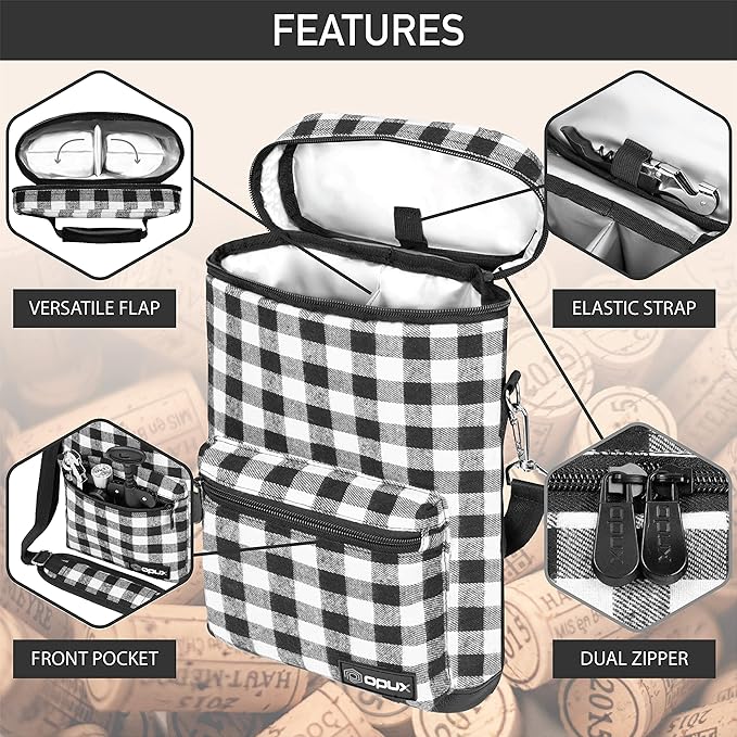 Opux 2 Bottle Wine Tote Carrier, Insulated Cooler Bag for Travel Picnic, Leakproof Padded Case, Wine Gifts for Women & Men, Plaid Buffalo White