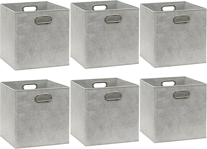 SIMPLE HOUSEWARE 11-Inch Collapsible Fabric Cube Storage Bin with Handles, Printed Design, 6 Pack, Gray