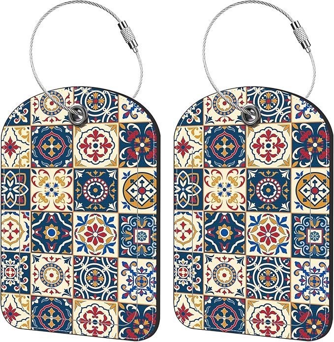 2 Pack Cute Luggage Tag for Suitcases Portuguese Tiles Leather Luggage Tags with Stainless Steel Loop Privacy Flap Name Tags,Men and Women Travel Bag Suitcase Tags