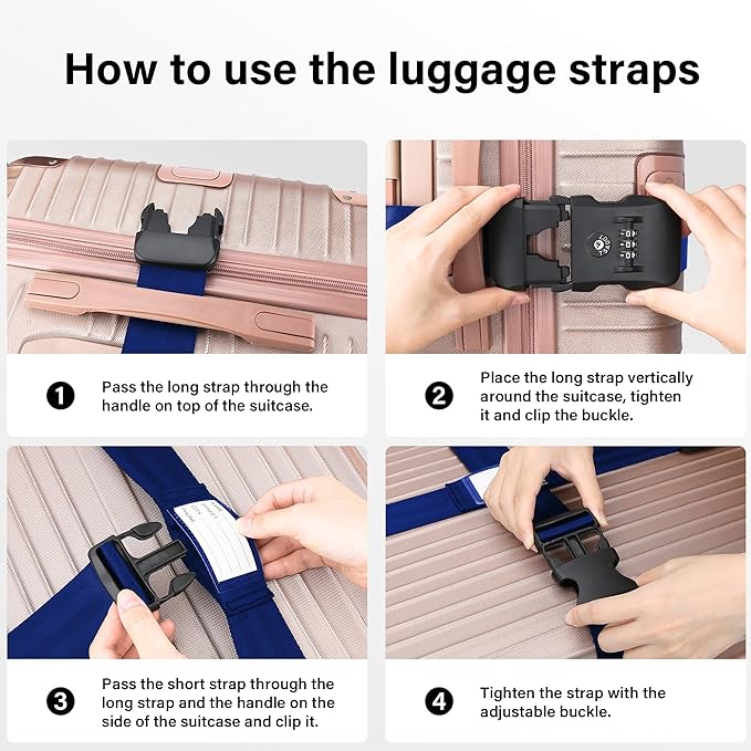 Luggage Straps, Blue TSA Approved Luggage Strap Belt with Combination Lock for Suitcases, 2 Pack Adjustable Heavy Duty Cross Suitcase Straps with Name Tags for Travel, Carry On Bags, Protect Luggage