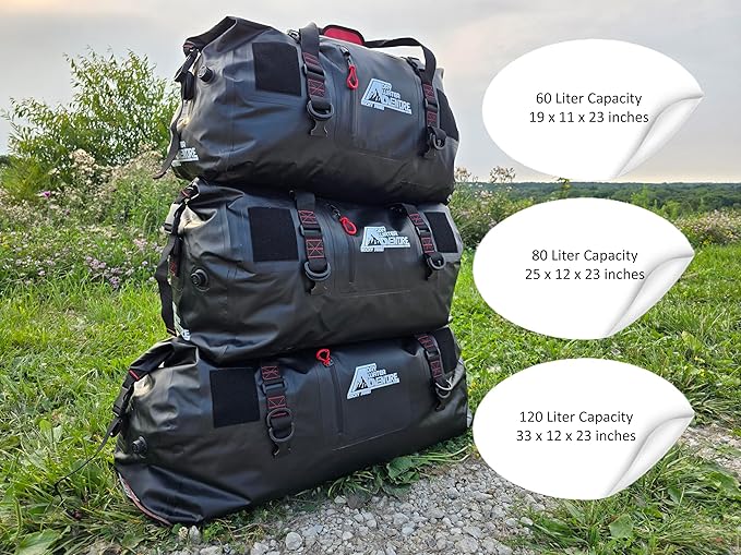 Motorcycle Waterproof Duffel Bag With Tie Down Straps, Marine Grade (80 Liter/21.1 Gallon, Rocky Series, Black)