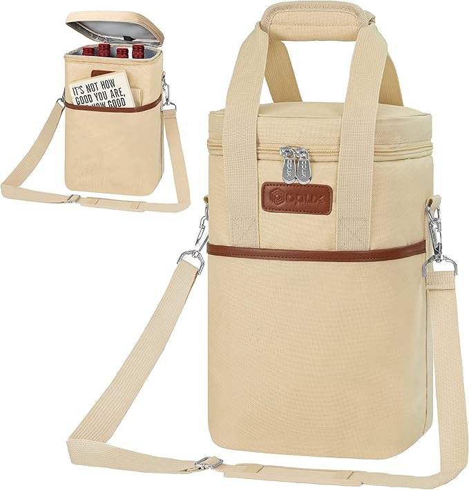 Opux 4 Bottle Insulated Wine Cooler Bag - Leakproof Padded Portable Wine Bottle Carrier for Travel Picnic BYOB Gift (Beige Cream)