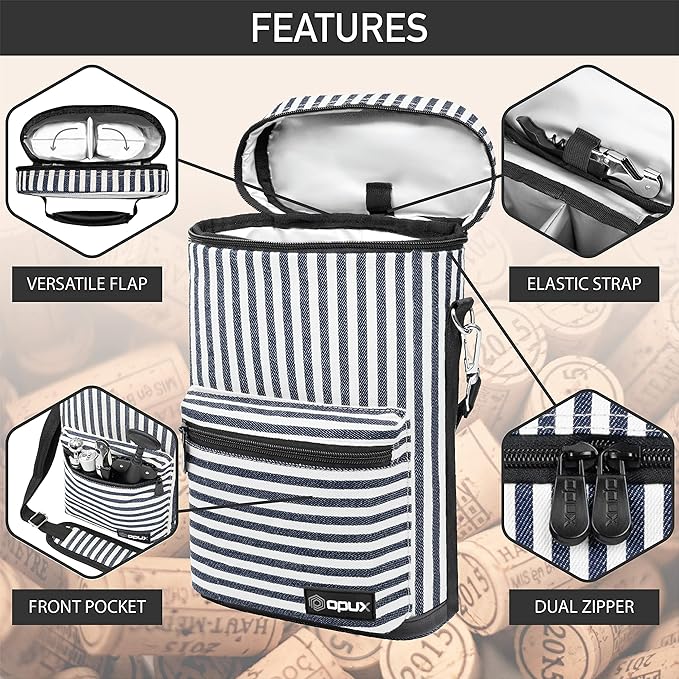 opux Wine Bag 2 Bottle Wine Tote Carrier, Insulated Wine Cooler Bag for Travel Picnic, Leakproof Portable Padded Case, Wine Gifts For Women Men Wine Lovers Christmas, Navy White Stripes
