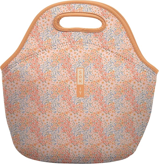 Sok It LunchTote Zippered Bag Insulated Neoprene Caddy (Dainty Florals, Large 4.5 Quart Lunch Tote)
