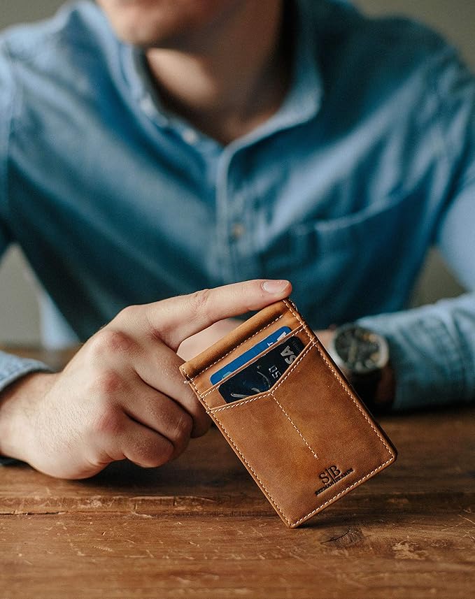 SERMAN BRANDS RFID Blocking Wallet Slim Bifold - Genuine Leather Minimalist Front Pocket Wallets for Men with Money Clip Gift