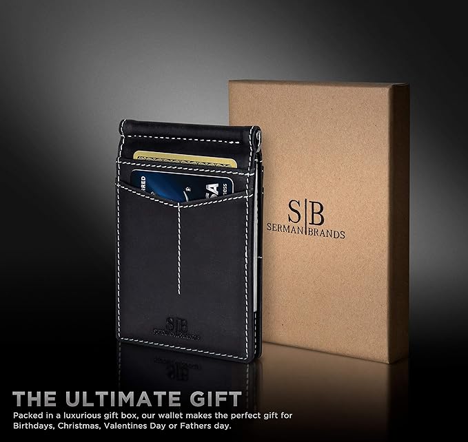 SERMAN BRANDS RFID Blocking Wallet Slim Bifold - Genuine Leather Minimalist Front Pocket Wallets for Men with Money Clip Gift