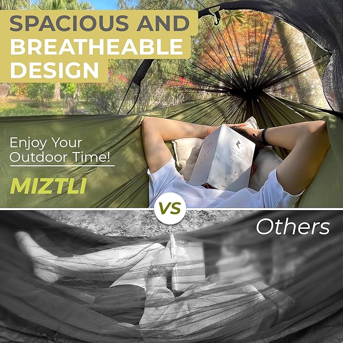 Miztli Camping Hammock -Portable Hammock w/Spacious Net & Tree Straps w/Adjustable Loops, Double and Single Hammock for Outdoor, Indoor, Hiking and Travel