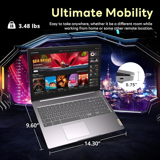 Lenovo Ideapad 3 15.6" FHD Chromebook, Intel Celeron N4500, 4GB LPDDR4X, 224GB Storage (64GB SSD + 160GB Docking Station Set), Number Pad, Webcam, Wi-Fi 6, Chrome OS, Gray