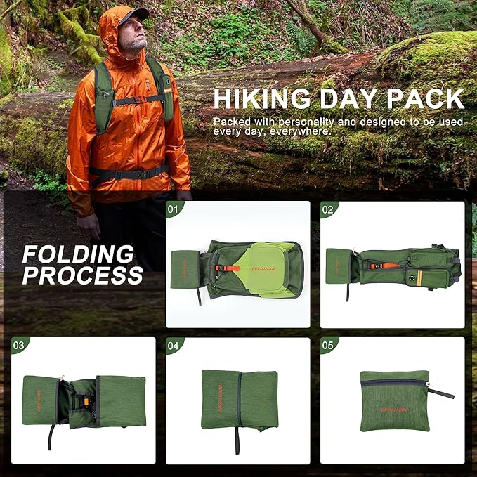 15L Small Hiking Backpack for Men Women Foldable Packable Back Pack Ultralight Hiking Daypack for Travel Camping Outdoor, Olive Green