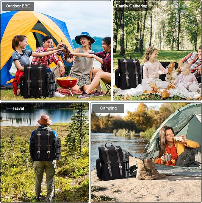 Picnic Backpack for 2 Person with Large Insulated Cooler Bag, Picnic Basket Set with Wine Pouch, Waterproof Picnic Blanket & Cutlery Set. Perfect for Camping, Party,Wedding Gift for Couple.2P-Black