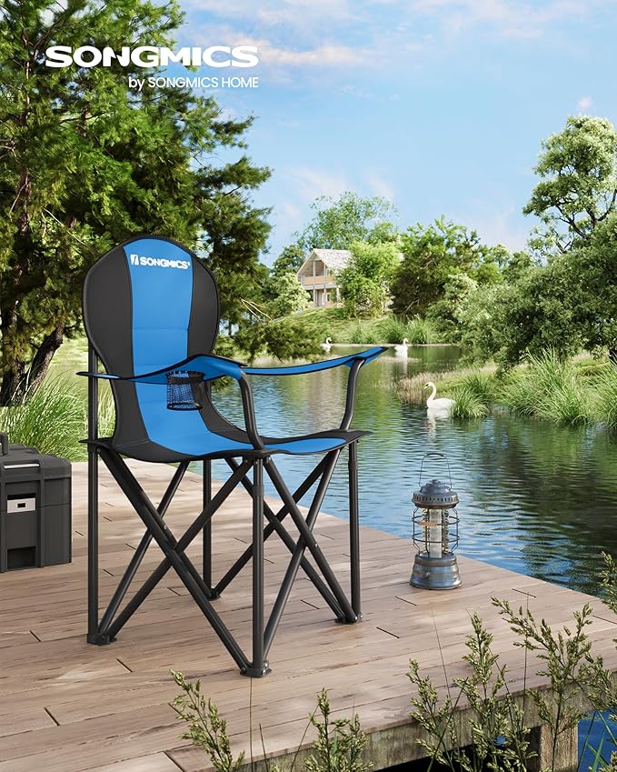 SONGMICS Folding Camping Chair, with Comfortable Sponge Seat, Cup Holder, Heavy Duty Structure, Max Load Capacity 551 lb, Outdoor Picnic Chair, Blue and Black UGCB06BU