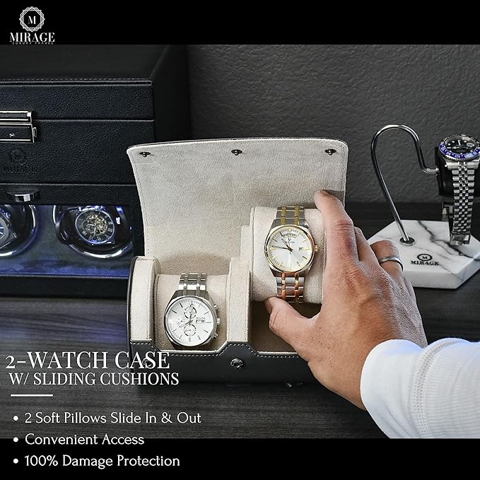 2 Watch Roll Travel Case for Men - Double Watch Case - Slate Grey/Ivory White Vegan Leather