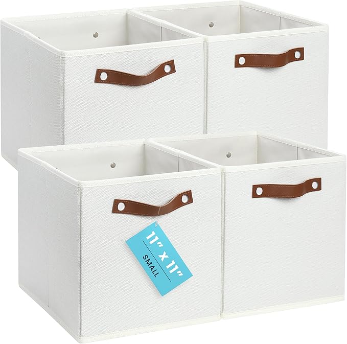 OrganiHaus 11x11 Fabric Cubes Storage Bins Set of 4, Foldable Collapsible Fabric Storage Bins for Organizer, Cubbies Organizer for Kallax, Linen Cube Shelf Baskets, Toy Organizing boxes - White