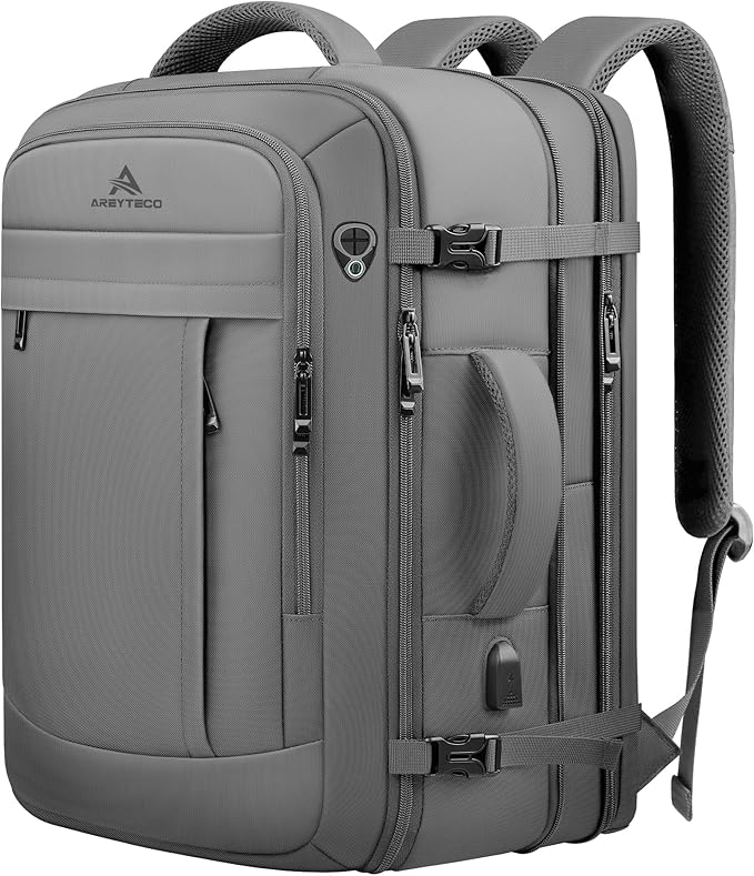 60L Travel Laptop Backpack for Men, Extra Large Backpack, Big Capacity Carry On Backpack, 18 -19 Inch Laptop Backpack with USB Charge Port Water Resistant Luggage Computer Daypack College Bag, Grey