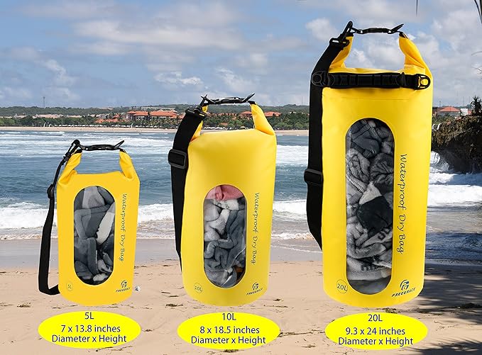 Freegrace Waterproof Dry Bags Set of 3 Dry Bag with 2 Zip Lock Seals & Detachable Shoulder Strap, Waist Pouch & Phone Case - Can Be Submerged Into Water - for Swimming (Yellow(Window), 10L)