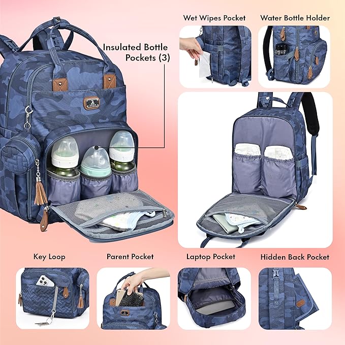 Dikaslon Diaper Bag Backpack with Changing Pad, Pacifier Case and Stroller Straps, Large Unisex Baby Bags for Boys Girls, Camo