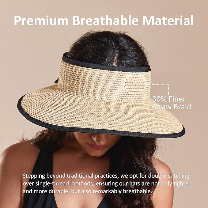Joywant Womens Sun Visor Hats, Packable Wide Brim Ponytail Beach Hat Straw Visor Summer Beach Vacation Essentials for Womens