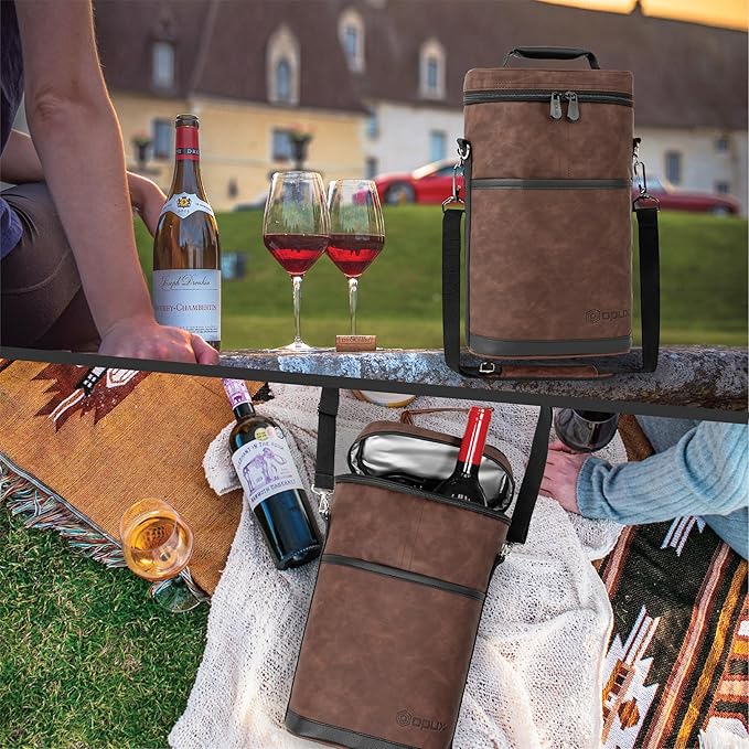 opux 2 Bottle Wine Carrier Tote, Insulated Leakproof Wine Cooler Bag, Wine Travel Bag for Picnic BYOB Beach, Portable Wine Bottle Carrying Case, Gift for Wine Lover Women Men Christmas, Brown Leather