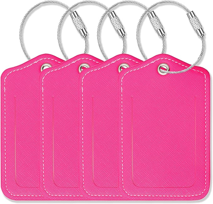 Luggage Tags for Suitcases-Leather Luggage Tag 4 Pack with Loops Cute Bag/Backpack/Suitcase Tags Travel Essentials for Flying (Pink)