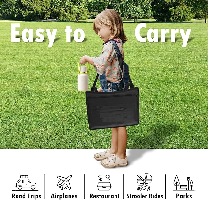 Kids Travel Tray for Car Seat, Toddler Road Trip Essentials With Drawing Kit, Travel Activities Must Haves (Black)