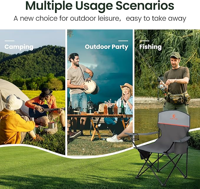 HIGH POINT SPORTS 2 Pack Portable Camping Chair for Adults, Folding Outdoor Camp Chair Lightweight Lawn Chairs Folding Collapsible Chair for Camping, Tailgates, Beach, Gray, Support 225lbs