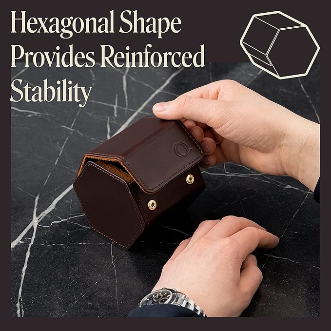 Leather Watch Cases for Men - Hexagon Single & Double Watch Roll Travel Case - Genuine Napa Leather with Velvet Interior - Storage & Display Holder for 1 Watch or 2 Watches