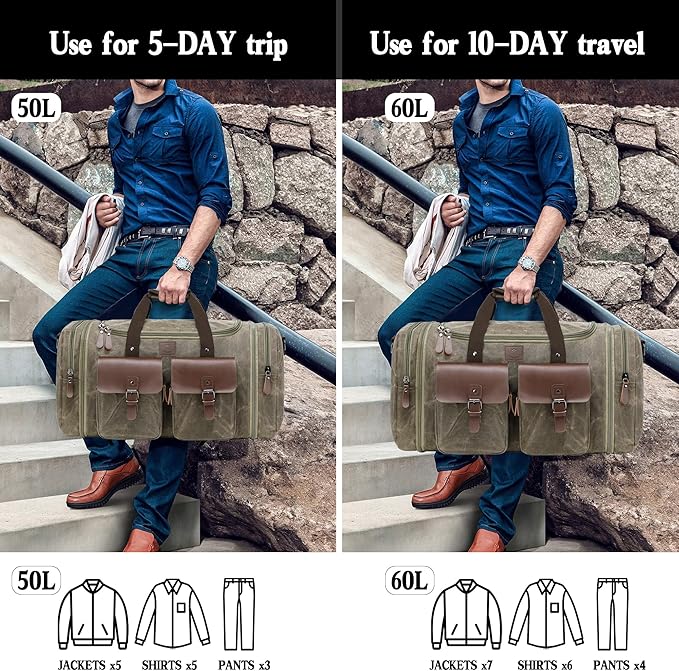 Waxed Canvas Duffle Bag for Men 60L Travel Duffel Bags Expandable Genuine Leather Duffel Overnight Weekender Carry On Bag Two Zipper Pockets Travel Bag (Vintage Grey, X Large-60L)