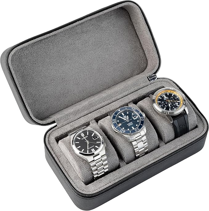 Watch Travel Case for Men | Leather Watch Case with 3 Slots | Perfect Travel Watch Organizer | Portable Watch Carrying Case for Men (Black/Grey)