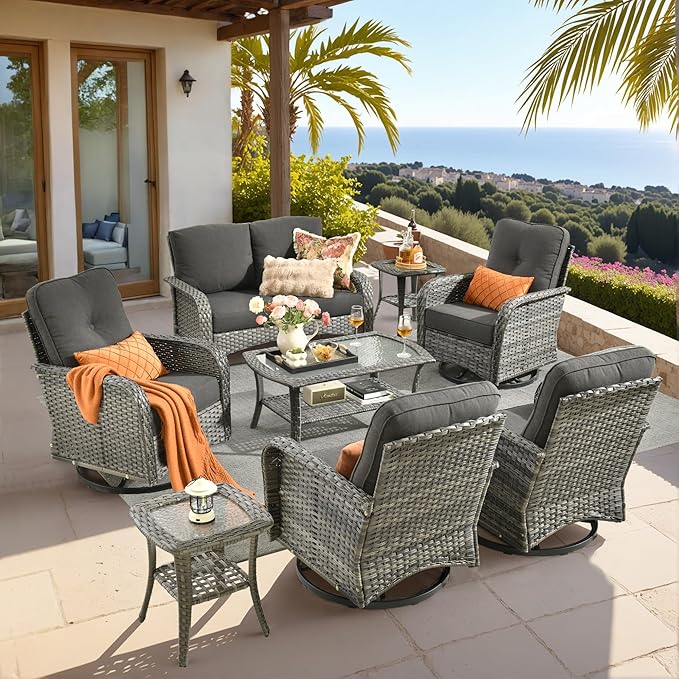 HOOOWOOO Patio Furniture Set,8 Pieces Outdoor Conversation Set,All Weather Wicker Loveseat Sofa Set with High Back Swivel Rocking Chairs Tables,Black