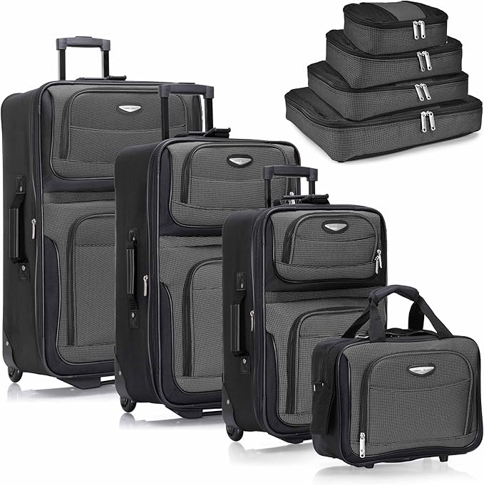 Travel Select Amsterdam 8-Piece Softside Expandable Luggage Set, Lightweight 2-Wheel Suitcases with Packing Cubes & Travel Tote, Durable Polyester Construction, Gray