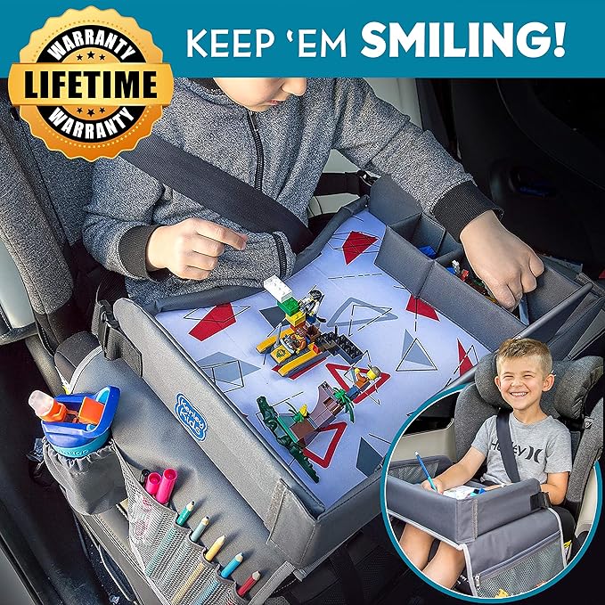 Kenley Kids Travel Tray, Toddler Car Seat Lap Tray, Road Trip Essentials Activity Table (Blue/Gray)