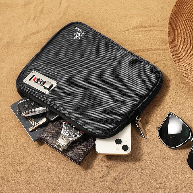 Anti-Theft Locking Beach Bag, 9x7.5-inch Portable Beach Safe for Securing Your Valuables and Phone – Black