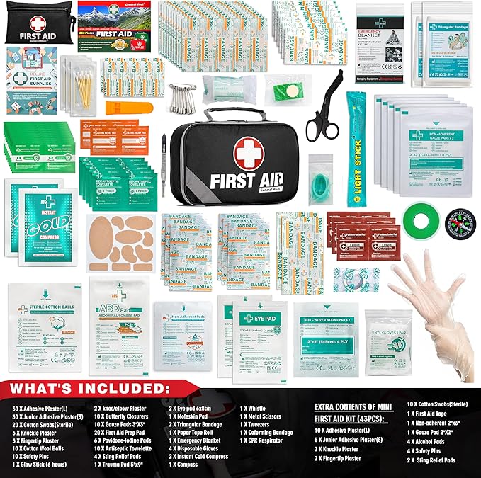 General Medi 2-in-1 First Aid Kit (215 Piece Set) + 43 Piece Mini First Aid Kit -Includes Ice(Cold) Pack, Moleskin Pad and Emergency Blanket for Travel, Home, Office, Car, Workplace(Black)