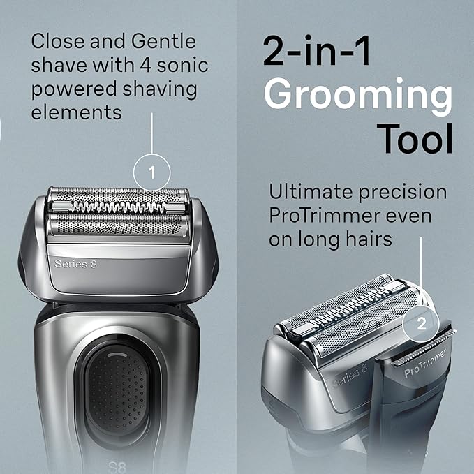 Braun Series 8 Electric Razor for Men, with 4+1 Shaving Elements & Precision Long Hair Trimmer, Close & Gentle Even on Dense Beards, Wet & Dry Electric Razor with 60min Runtime, 8517s Galvano Silver