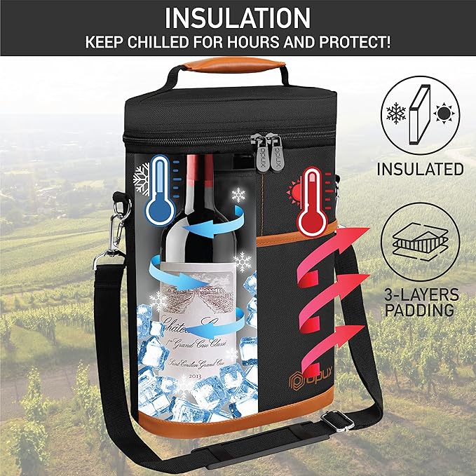 opux 2 Bottle Wine Carrier Tote, Insulated Leakproof Wine Cooler Bag, Wine Travel Bag Tote for Picnic BYOB Beach, Portable Wine Bottle Carrying Case, Gift for Wine Lover Women Men Christmas, Brown
