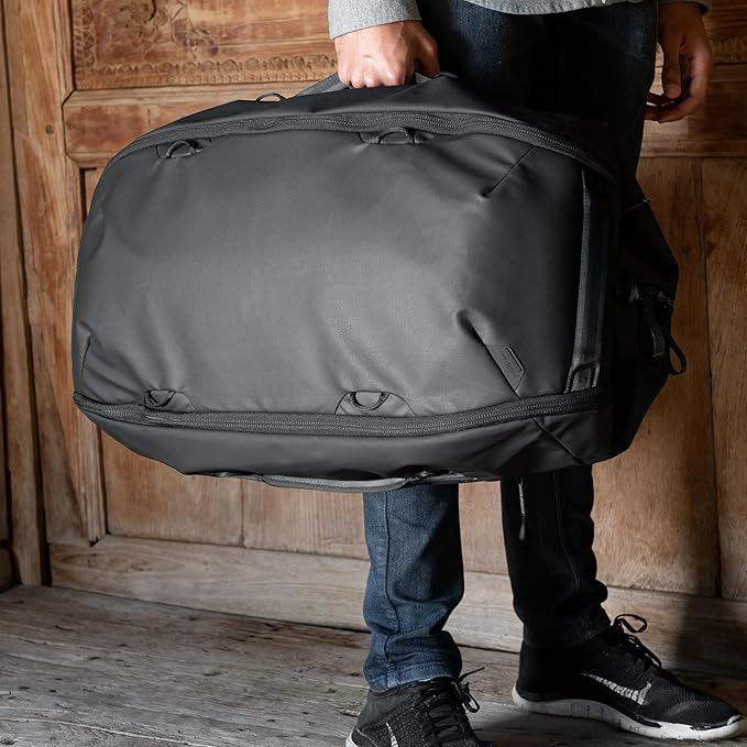 Peak Design Travel Duffelpack 45-65L, Black, Weatherproof Duffel Backpack, Expandable Design, Extra-Long Zip Path, Stowable Straps, Fits Packing Cubes and Camera Cubes, Versatile Duffel Bag for Travel