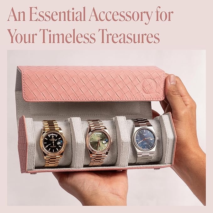 Ladies Leather Watch Rolls for Women - Hexagon Triple Watch Roll Travel Case for 3 Watches - Storage Organizer Genuine Leather with Velvet Interior Display (Woven Pink/Gray)