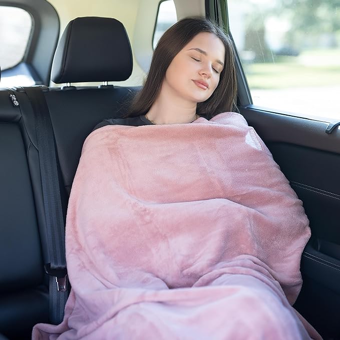 BlueHills Travel Blanket Pillow Rolled Premium Soft Plush Airplane Throw Traveling Gifts Compact in a Bag 70 X 48 inches Long Plane Flight Portable Lightweight Pink R02
