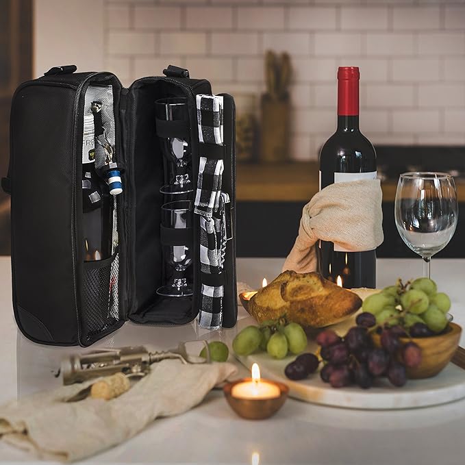 ALLCAMP Wine tote Bag with Cooler Compartment, Picnic Set Carrying Two sets of tableware