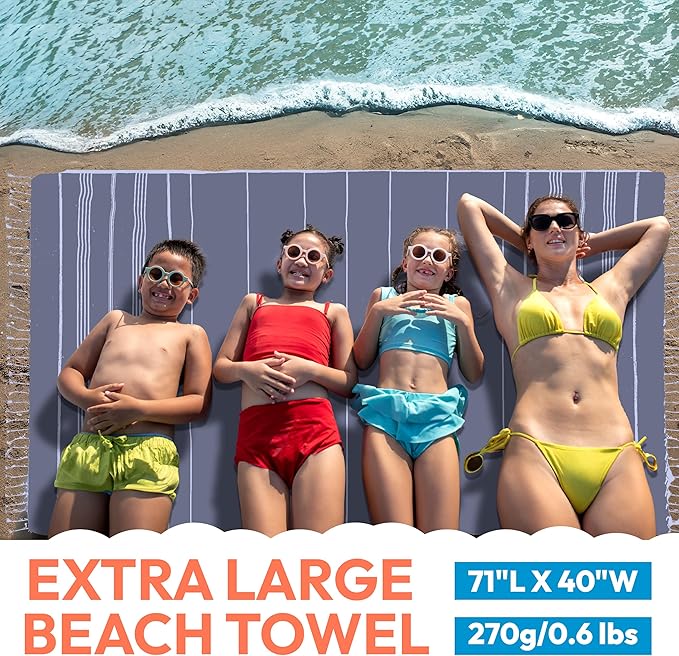 Turkish Beach Towel - 40x71 Inch Oversized Sand Resistant Prewashed Cotton Towel - Quick Drying, Compact, Lightweight for Beach, Bath, Pool, Gym, Yoga