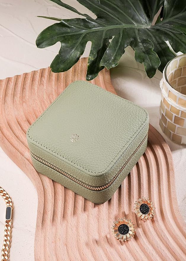 S.Leaf Mini Jewelry Case - Portable Travel Jewelry Box for Women (01 Lychee Sage Green)