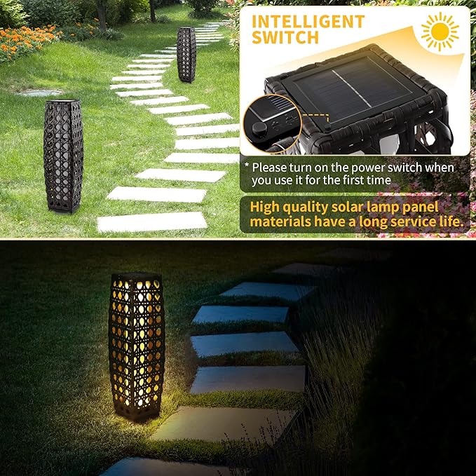 Solar Floor Lamp, Outdoor Floor Lamp Lanterns Outdoor Waterproof, Solar Powered Resin Wicker Lamp, Weather-Resistant Rattan Deck Light for Porch, Garden, Patio
