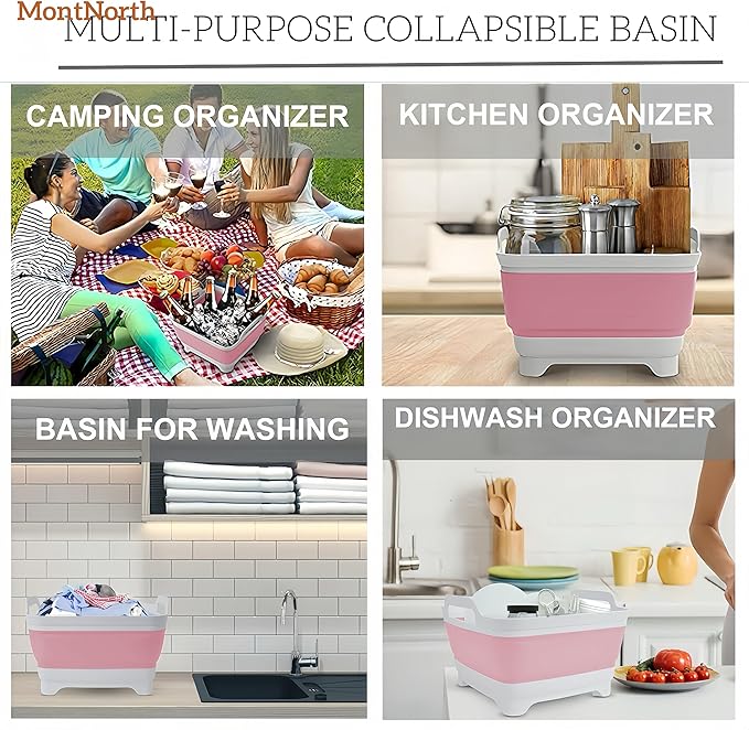 Collapsible Wash Basin 9L, Foldable Dish Tub with Drain Plug, Portable Collapsible Dish Basin, Camping Sink for Washing Dishes, Laundry & Kitchen Use (Pink)