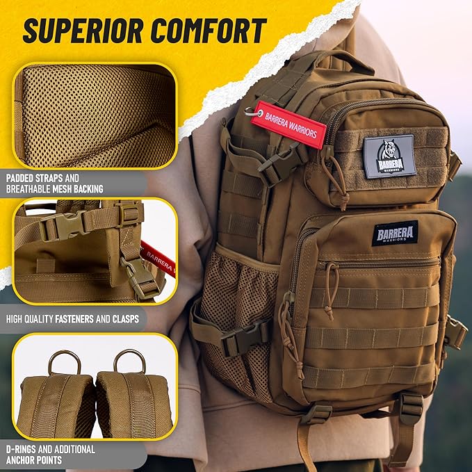 25 L Tactical Backpack: durable military-style backpack with MOLLE system for everyday use, travel, gym, hiking, fishing, camping, and outdoor sports.(COYOTE BROWN 25L)