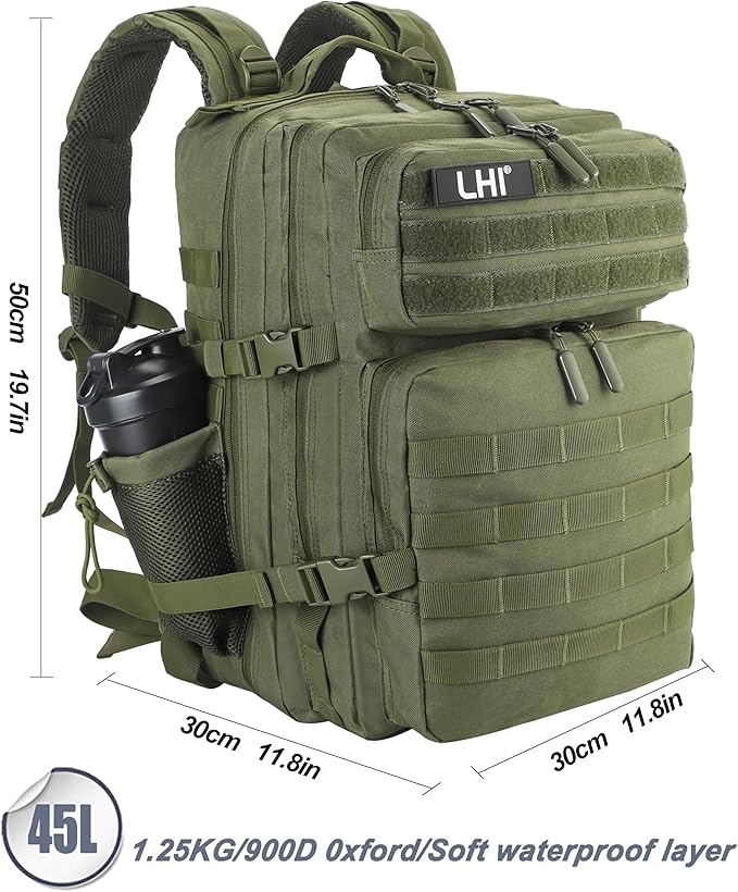 LHI Military Tactical Backpack for Men and Women 45L Army 3 Days Assault Pack Bag Large Rucksack with Molle System - Green