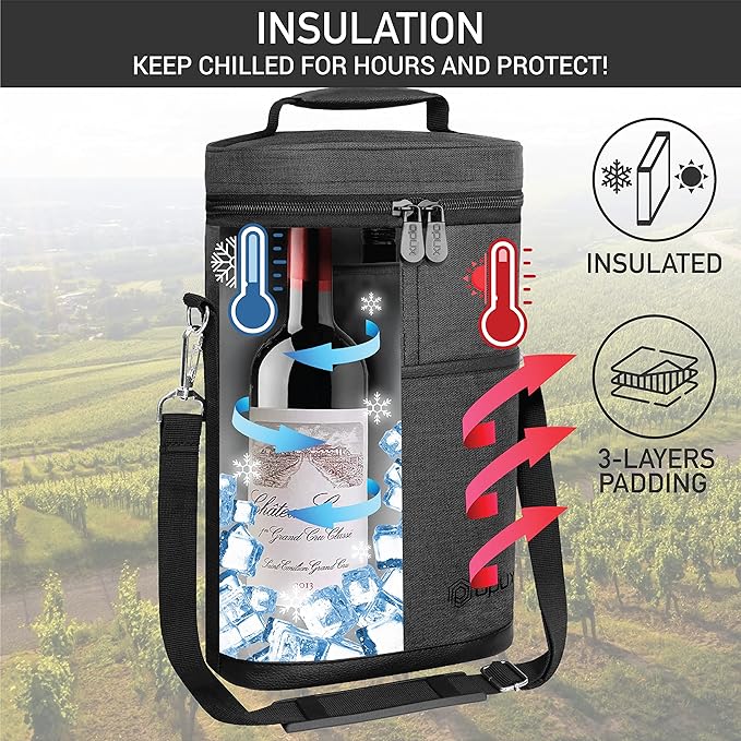 opux 2 Bottle Wine Carrier Tote, Insulated Leakproof Wine Cooler Bag, Wine Travel Bag for Picnic BYOB Beach, Portable Wine Bottle Carrying Case, Gift for Wine Lover Women Men Christmas, Charcoal Grey