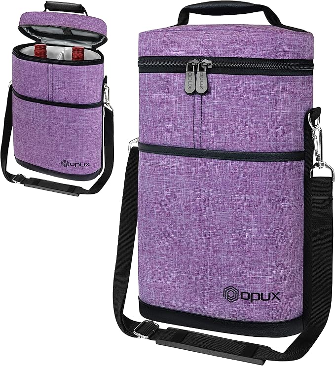 opux 2 Bottle Wine Carrier Tote, Insulated Leakproof Wine Cooler Bag, Wine Travel Bag for Picnic BYOB Beach, Portable Wine Bottle Carrying Case, Gift for Wine Lover Women Men Christmas, Purple