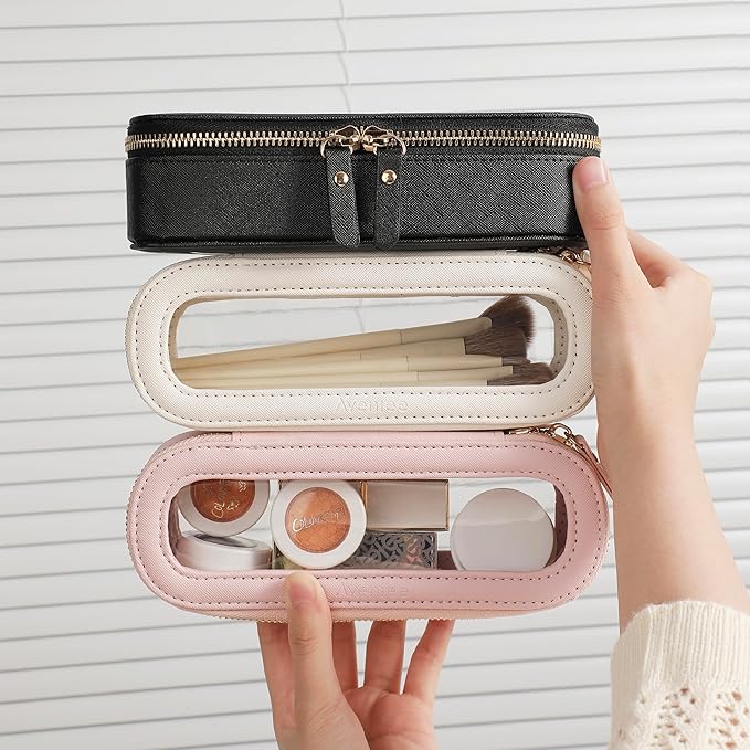 Aveniee Slim Clear Makeup Brush Bag, Small Cosmetic Brush Holder, Mini Toiletry Bag Travel Case for Women, Thin Make up Bags with Dual Zipper, Cute Travel Essentials Bag Organize - White