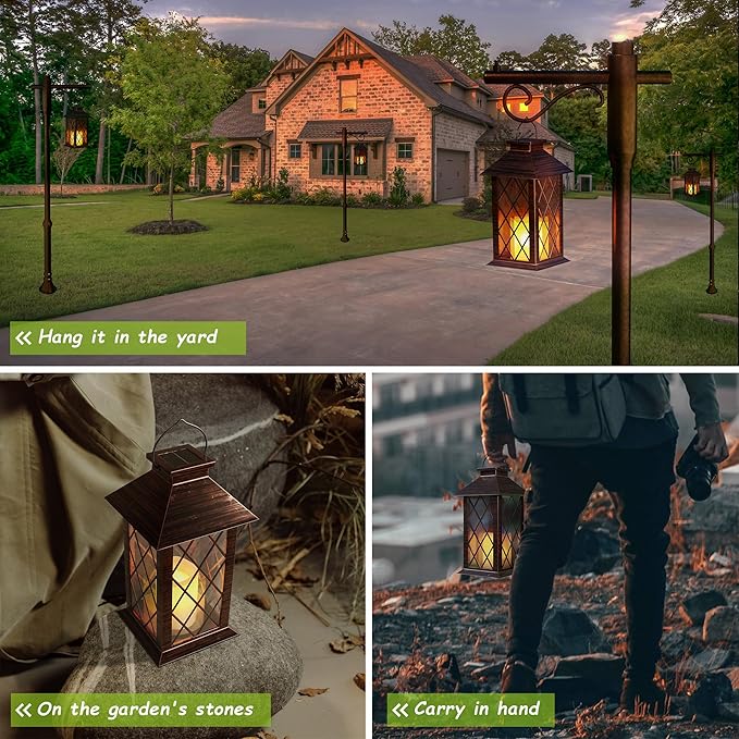 Outdoor Solar Lanterns, Waterproof Hanging Lantern with LED Flickering Flameless Candle, 13'' Bronze Outdoor Solar Powered Lantern Decor for Porch Patio Garden Balcony Pathway, 1 Pack