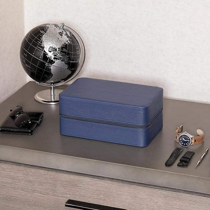 ROTHWELL 8 Watch Travel Case Storage Organizer for 8 Watches, Sunglasses, Rings & Cufflinks |Tough Portable Protection with Zipper Fits Most Wristwatches & Smart Watches Up to 50mm (Blue/Tan)